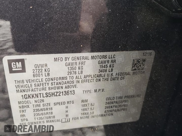 2017 GMC Acadia SLE with VIN 1GKKNTLS5HZ213613, listed as a Copart auction lot 54186565 with Not provided miles and Non repairable. Bid and sale history available at DreamBid. Image 13.