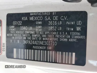 2022 Kia Rio LX with VIN 3KPA24AD5NE503710, listed as a Copart auction lot 47686025 with 77,758 mi miles and Salvage Title. Bid and sale history available at DreamBid. Image 14.