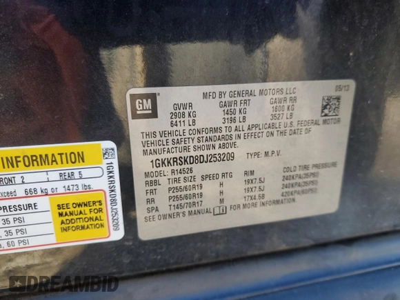 2013 GMC Acadia SLT with VIN 1GKKRSKD8DJ253209, listed as a Copart auction lot 89124465 with 234,769 mi miles and Salvage Title. Bid and sale history available at carsss.com. Image 14.