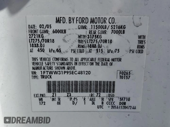2005 Ford F-350 XL with VIN 1FTWW31P95EC48120, listed as a Copart auction lot 65723395 with Not provided miles and Salvage title. Bid and sale history available at DreamBid. Image 12.