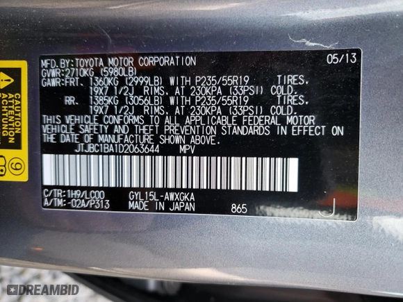 2013 Lexus RX 450h with VIN JTJBC1BA1D2063644, listed as a Copart auction lot 43228785 with 101,413 mi miles and Salvage Title. Bid and sale history available at carsss.com. Image 13.
