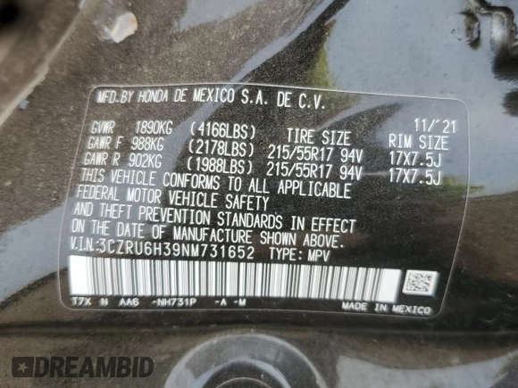 2022 Honda HR-V LX with VIN 3CZRU6H39NM731652, listed as a Copart auction lot 58923885 with 49,959 mi miles and Salvage title. Bid and sale history available at DreamBid. Image 13.