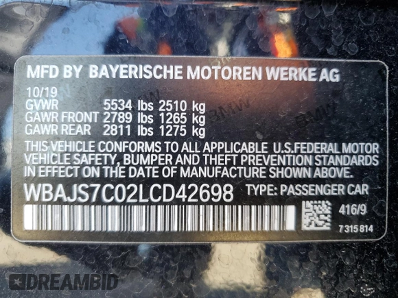 2020 BMW 5 Series M550i xDrive z VIN WBAJS7C02LCD42698, wystawiony jako Copart lot #48229785 z przebiegiem 51 896 mil mil oraz Szkoda całkowita • Salvage title. Historia ofert i sprzedaży dostępna na DreamBid. Obrazek 12.