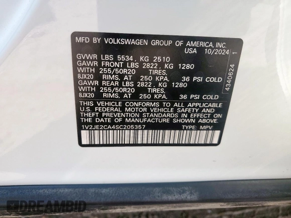 2025 Volkswagen Atlas SE z VIN 1V2JE2CA4SC205357, wystawiony jako Copart lot #58225365 z przebiegiem 4 355 mil mil oraz Szkoda całkowita • Salvage title. Historia ofert i sprzedaży dostępna na DreamBid. Obrazek 13.
