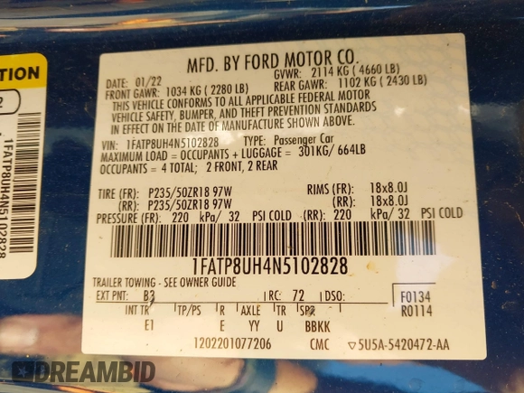 2022 Ford Mustang EcoBoost z VIN 1FATP8UH4N5102828, wystawiony jako IAAI lot #42073571 z przebiegiem 69 931 mil mil oraz . Historia ofert i sprzedaży dostępna na DreamBid. Obrazek 9.