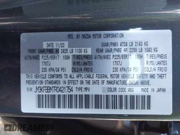 2024 Mazda CX-5 S Select with VIN JM3KFBBM7R0421754, listed as a IAAI auction lot 41421026 with 7,964 mi miles and . Bid and sale history available at DreamBid. Image 9.