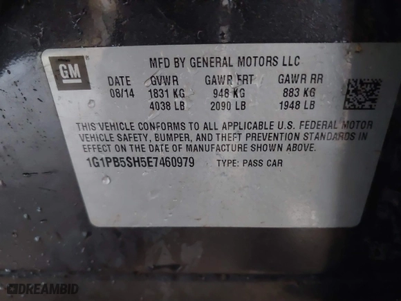 2014 Chevrolet Cruze LS with VIN 1G1PB5SH5E7460979, listed as a IAAI auction lot 41312075 with 123,580 mi miles. Bid and sale history available at carsss.com. Image 9.