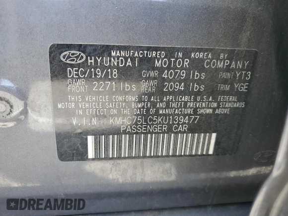 2019 Hyundai Ioniq SEL z VIN KMHC75LC5KU139477, wystawiony jako Copart lot #55278235 z przebiegiem 86 198 mil mil oraz Szkoda całkowita • Salvage title. Historia ofert i sprzedaży dostępna na DreamBid. Obrazek 12.