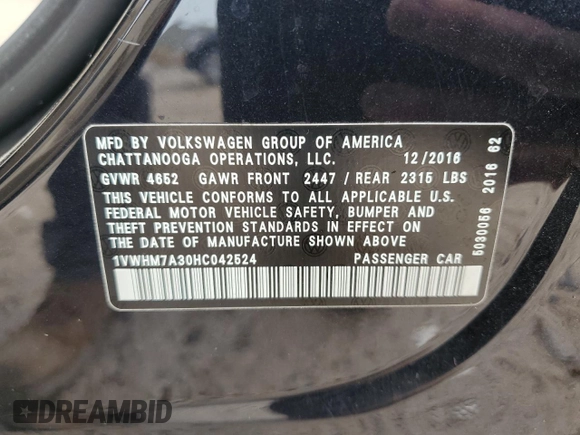 2017 Volkswagen Passat with VIN 1VWHM7A30HC042524, listed as a Copart auction lot 73303094 with 116,734 mi miles and Salvage title. Bid and sale history available at DreamBid. Image 12.