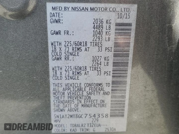 2016 Nissan Rogue SL with VIN 5N1AT2MT8GC754358, listed as a Copart auction lot 53604635 with 153,405 mi miles and Salvage Title. Bid and sale history available at carsss.com. Image 14.