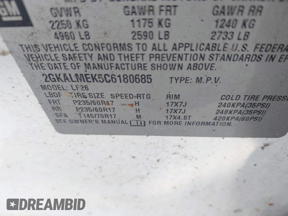 2012 GMC Terrain SLE-1 with VIN 2GKALMEK5C6180685, listed as a IAAI auction lot 40306518 with 197,678 mi miles and . Bid and sale history available at DreamBid. Image 9.
