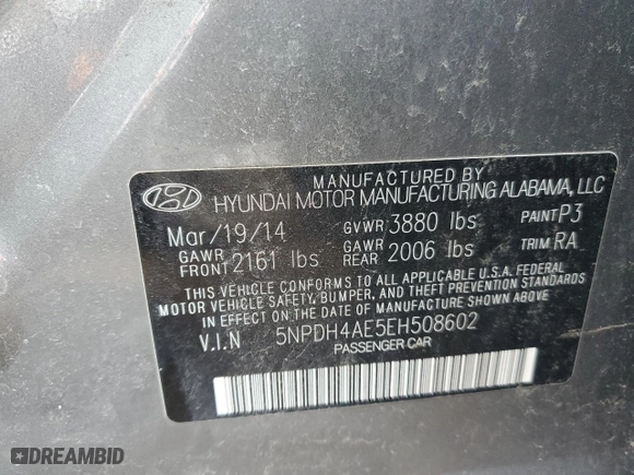 2014 Hyundai Elantra SE with VIN 5NPDH4AE5EH508602, listed as a Copart auction lot 50047935 with 95,808 mi miles and Salvage Title. Bid and sale history available at carsss.com. Image 12.
