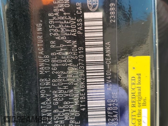 2009 Toyota Camry with VIN 4T1BE46K29U377019, listed as a Copart auction lot 54723805 with 225,522 mi miles and Salvage Title. Bid and sale history available at DreamBid. Image 12.
