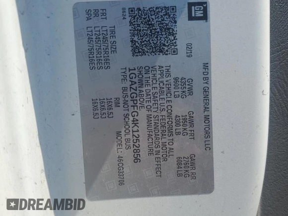 2019 Chevrolet Express Passenger LT with VIN 1GAZGPFG4K1252856, listed as a Copart auction lot 57459135 with 159,676 mi miles and Salvage title. Bid and sale history available at DreamBid. Image 13.