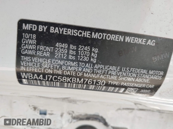 2019 BMW 4 Series 440i xDrive with VIN WBA4J7C58KBM76130, listed as a IAAI auction lot 41885173 with 43,690 mi miles and . Bid and sale history available at carsss.com. Image 9.