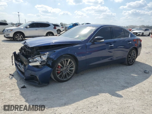 2020 Infiniti Q50 Red Sport 400 with VIN JN1FV7APXLM630530, listed as a Copart auction lot 43717855 with 99,410 mi miles and Non repairable. Bid and sale history available at DreamBid. Image 1.