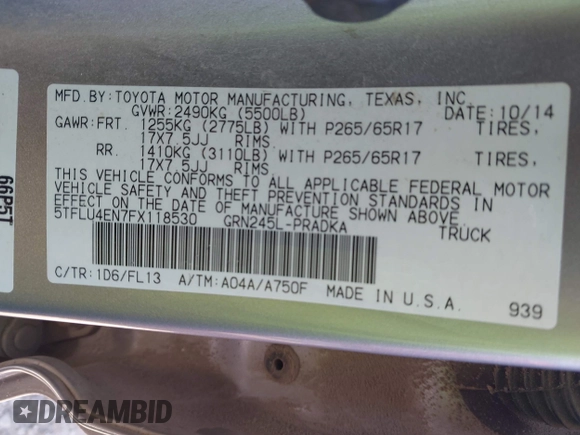 2015 Toyota Tacoma with VIN 5TFLU4EN7FX118530, listed as a IAAI auction lot 41638608 with 116,143 mi miles and . Bid and sale history available at DreamBid. Image 9.