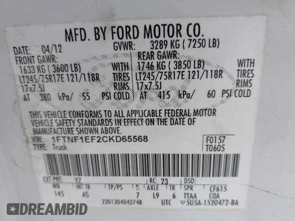 2012 Ford F-150 XL with VIN 1FTNF1EF2CKD65568, listed as a IAAI auction lot 42476856 with 239,503 mi miles and . Bid and sale history available at DreamBid. Image 9.