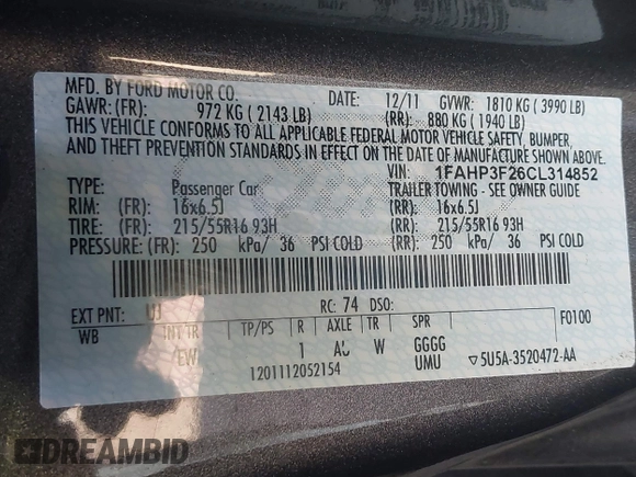 2012 Ford Focus SE with VIN 1FAHP3F26CL314852, listed as a IAAI auction lot 42162488 with 101,782 mi miles. Bid and sale history available at carsss.com. Image 9.