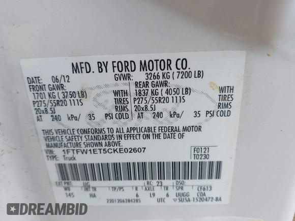 2012 Ford F-150 XL с VIN 1FTFW1ET5CKE02607, выставлен на аукционе IAAI как лот 42102449 с пробегом Не указан миль и . История ставок и продаж доступна на DreamBid. Изображение 9.