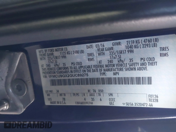 2016 Ford Escape SE with VIN 1FMCU9GX2GUC89275, listed as a IAAI auction lot 41937354 with 140,362 mi miles. Bid and sale history available at carsss.com. Image 9.