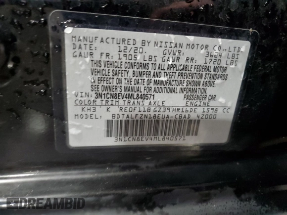 2021 Nissan Versa SV with VIN 3N1CN8EV4ML840571, listed as a Copart auction lot 52743805 with 101,509 mi miles and Salvage title. Bid and sale history available at DreamBid. Image 13.