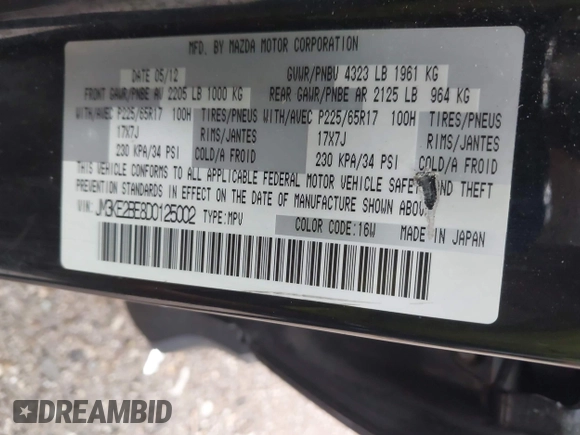 2013 Mazda CX-5 Sport with VIN JM3KE2BE8D0125002, listed as a IAAI auction lot 42425404 with 183,551 mi miles and . Bid and sale history available at DreamBid. Image 9.