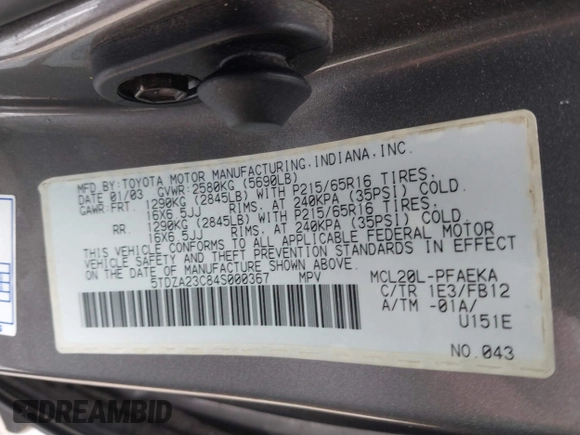 2004 Toyota Sienna CE with VIN 5TDZA23C84S000367, listed as a IAAI auction lot 42176600 with 182,817 mi miles and . Bid and sale history available at DreamBid. Image 9.