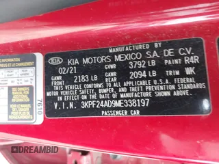 2021 Kia Forte FE with VIN 3KPF24AD9ME338197, listed as a IAAI auction lot 42018091 with 95,509 mi miles and . Bid and sale history available at carsss.com. Image 9.