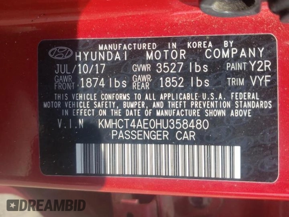 2017 Hyundai Accent SE with VIN KMHCT4AE0HU358480, listed as a Copart auction lot 49558293 with 96,561 mi miles. Bid and sale history available at carsss.com. Image 12.