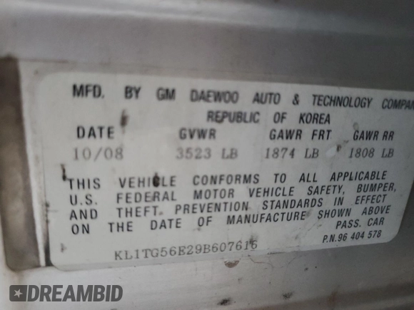 2009 Chevrolet Aveo 2LT with VIN KL1TG56E29B607616, listed as a Copart auction lot 62552825 with 118,947 mi miles and Salvage title. Bid and sale history available at DreamBid. Image 12.