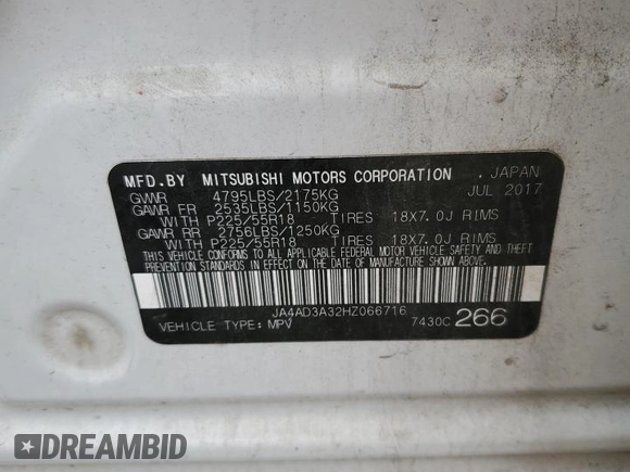2017 Mitsubishi Outlander SE with VIN JA4AD3A32HZ066716, listed as a Copart auction lot 58435645 with 133,889 mi miles and Salvage title. Bid and sale history available at DreamBid. Image 14.