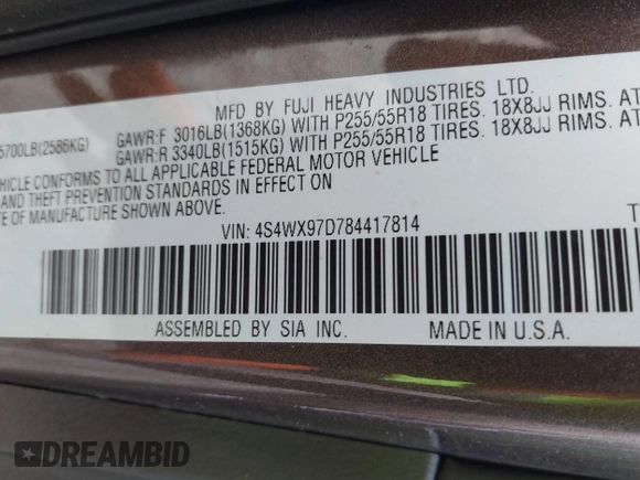 2008 Subaru Tribeca Limited z VIN 4S4WX97D784417814, wystawiony jako IAAI lot #41615340 z przebiegiem 281 939 mil mil oraz . Historia ofert i sprzedaży dostępna na DreamBid. Obrazek 9.