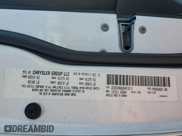 2013 Chrysler 300 z VIN 2C3CCAAGXDH615313, wystawiony jako Copart lot #46552125 z przebiegiem Nie podano mil oraz Szkoda całkowita • Salvage title. Historia ofert i sprzedaży dostępna na DreamBid. Obrazek 12.