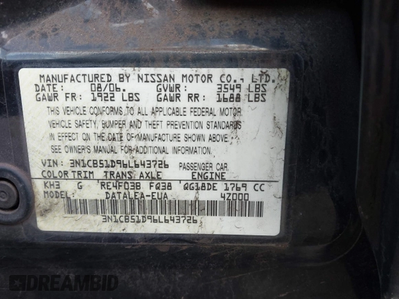 2006 Nissan Sentra S with VIN 3N1CB51D96L643726, listed as a IAAI auction lot 41809427 with 156,837 mi miles and . Bid and sale history available at DreamBid. Image 9.