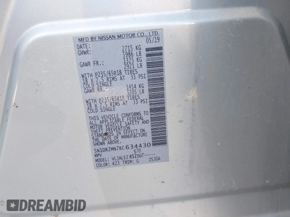 2019 Nissan Pathfinder S with VIN 5N1DR2MN7KC634430, listed as a IAAI auction lot 41289863 with 131,654 mi miles and . Bid and sale history available at DreamBid. Image 9.