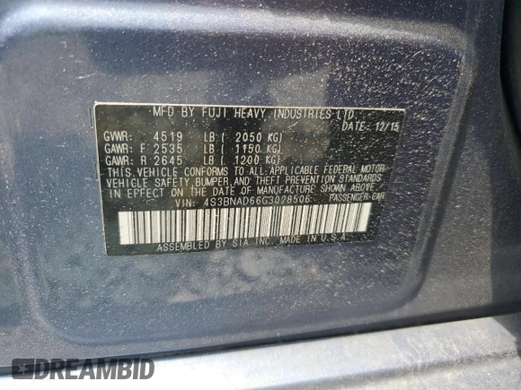 2016 Subaru Legacy Premium with VIN 4S3BNAD66G3028506, listed as a Copart auction lot 61330405 with 111,373 mi miles and Salvage title. Bid and sale history available at DreamBid. Image 12.
