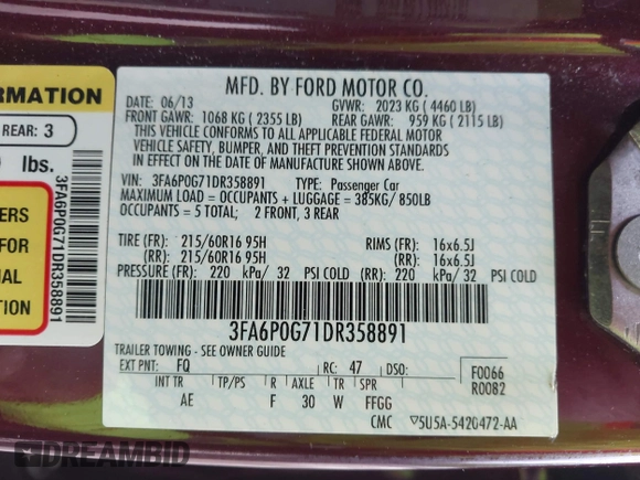 2013 Ford Fusion S with VIN 3FA6P0G71DR358891, listed as a IAAI auction lot 42172614 with 105,152 mi miles and . Bid and sale history available at carsss.com. Image 9.
