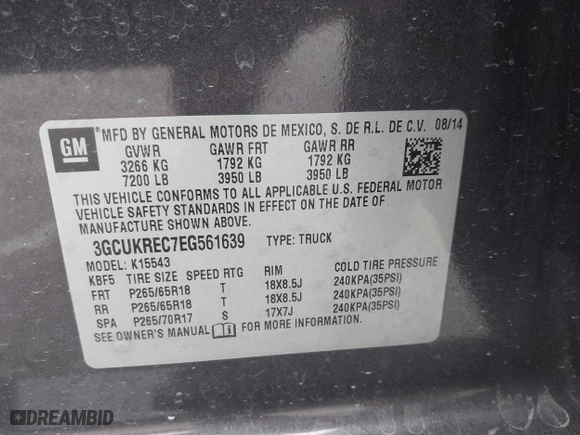 2014 Chevrolet Silverado 1500 LT with VIN 3GCUKREC7EG561639, listed as a IAAI auction lot 42020364 with 154,785 mi miles. Bid and sale history available at carsss.com. Image 9.