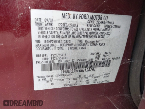 2008 Ford Taurus Limited with VIN 1FAHP25W58G138701, listed as a IAAI auction lot 42736461 with 186,317 mi miles and . Bid and sale history available at DreamBid. Image 9.