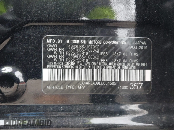 2020 Mitsubishi Outlander Sport ES 2.0 with VIN JA4AR3AU9LU004505, listed as a IAAI auction lot 41412103 with 69,606 mi miles. Bid and sale history available at carsss.com. Image 9.