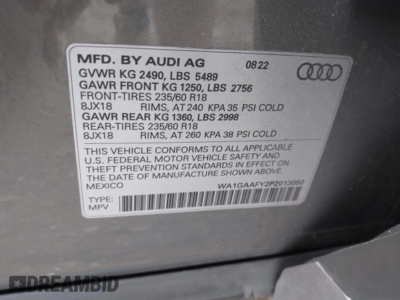 2023 Audi Q5 S line Premium with VIN WA1GAAFY2P2013050, listed as a IAAI auction lot 42208300 with 22,218 mi miles and . Bid and sale history available at DreamBid. Image 9.