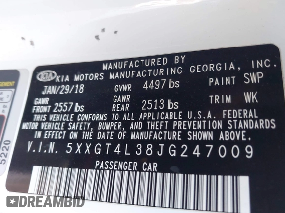 2018 Kia Optima LX with VIN 5XXGT4L38JG247009, listed as a IAAI auction lot 42081303 with 95,507 mi miles and . Bid and sale history available at carsss.com. Image 9.