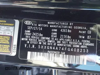 2015 Kia Optima EX with VIN 5XXGN4A74FG408253, listed as a IAAI auction lot 41336799 with 126,041 mi miles. Bid and sale history available at carsss.com. Image 9.