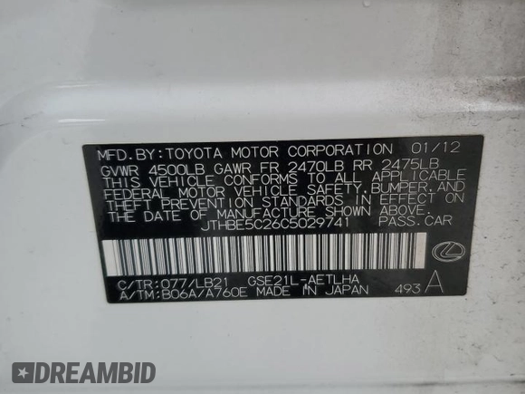 2012 Lexus IS 350 with VIN JTHBE5C26C5029741, listed as a Copart auction lot 59763525 with 112,834 mi miles and Salvage title. Bid and sale history available at DreamBid. Image 12.