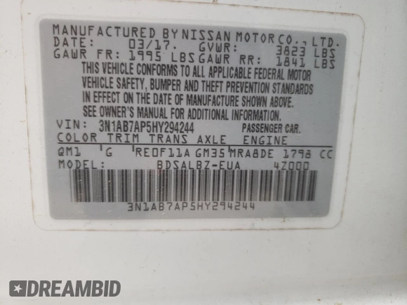 2017 Nissan Sentra S with VIN 3N1AB7AP5HY294244, listed as a Copart auction lot 59719275 with 166,506 mi miles and Salvage title. Bid and sale history available at DreamBid. Image 12.