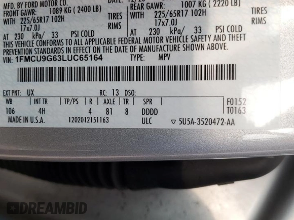 2020 Ford Escape SE with VIN 1FMCU9G63LUC65164, listed as a Copart auction lot 46936415 with 139,187 mi miles and Salvage Title. Bid and sale history available at carsss.com. Image 13.