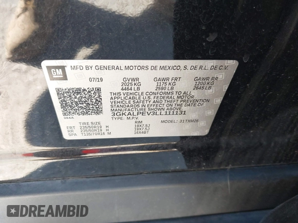 2020 GMC Terrain SLT with VIN 3GKALPEV3LL111131, listed as a IAAI auction lot 41898600 with 72,775 mi miles and . Bid and sale history available at DreamBid. Image 9.