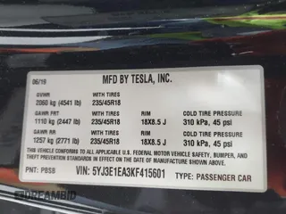 2019 Tesla Model 3 Mid Range with VIN 5YJ3E1EA3KF415601, listed as a IAAI auction lot 42125393 with 150,220 mi miles and . Bid and sale history available at carsss.com. Image 9.