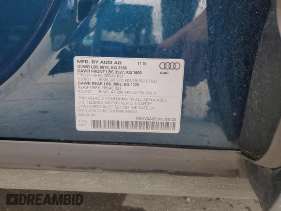 2019 Audi e-tron Prestige with VIN WA1VAAGE2KB025123, listed as a Copart auction lot 51862085 with 31,513 mi miles and Salvage Title. Bid and sale history available at DreamBid. Image 13.